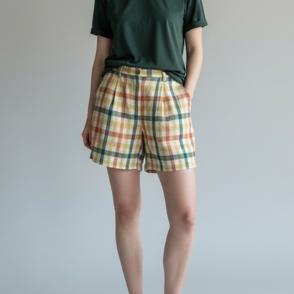 Vintage Howard‎ Wolf Shorts Size 8 Multicolor Plaid Linen Rayon Coastal Retro